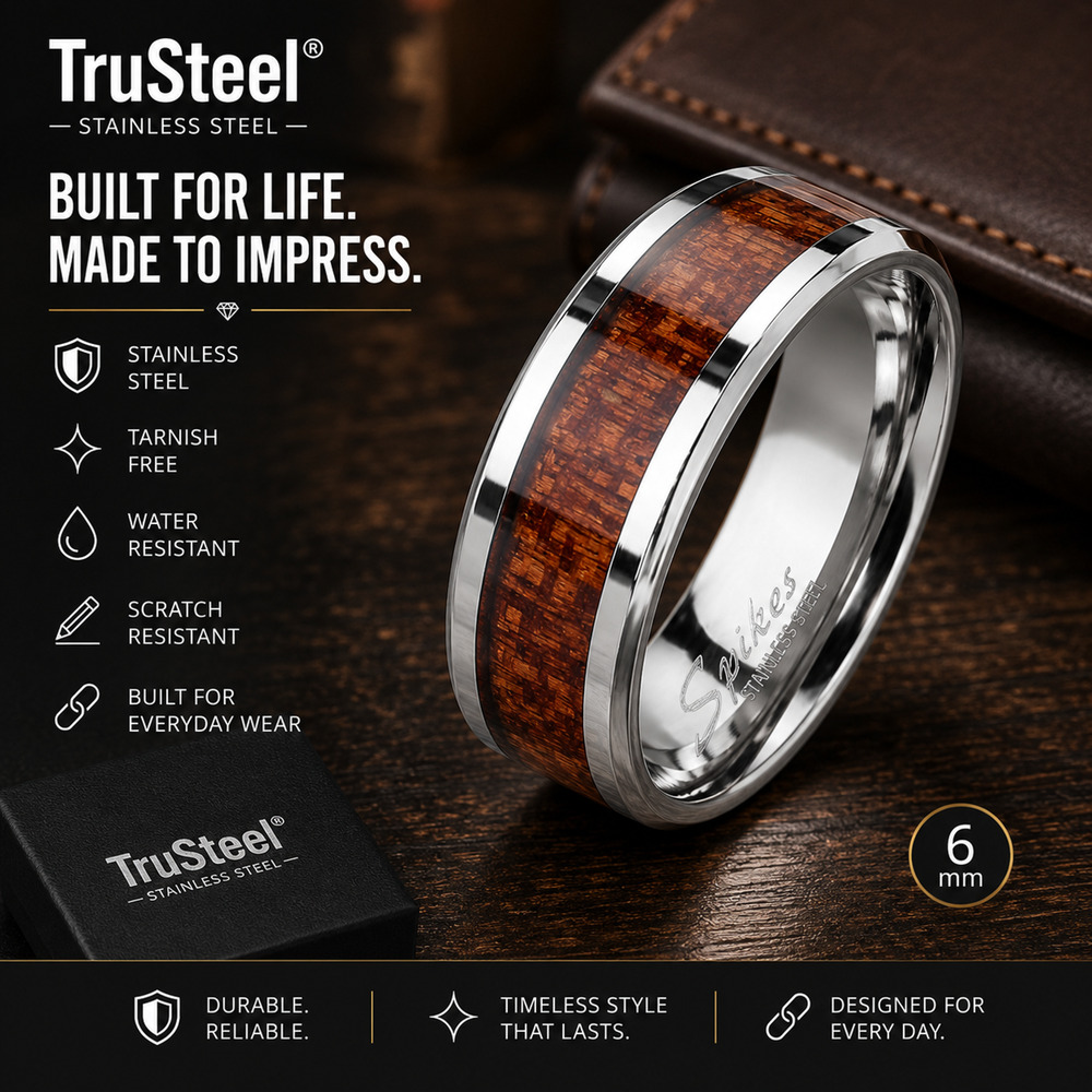 Men’s 316L Stainless Steel Ring Wood Band Comfort Fit Silver 8mm Size 11